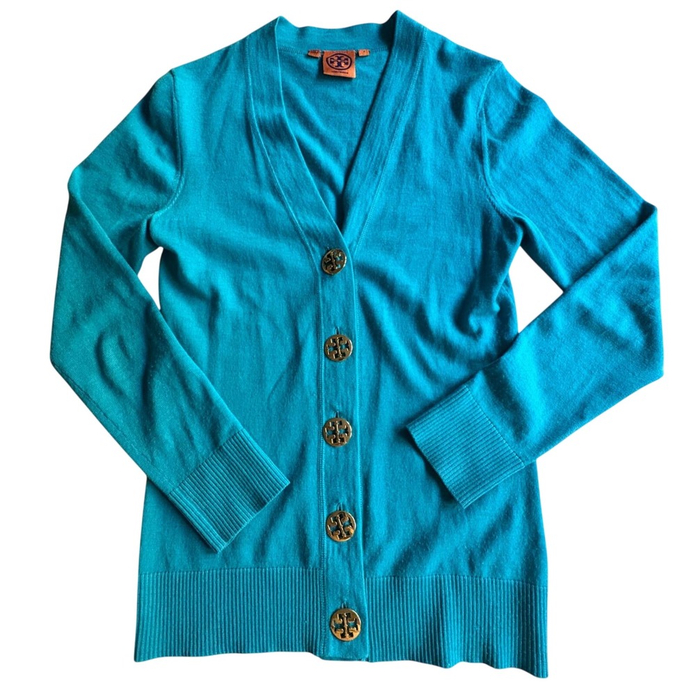 TORY BURCH Teal Aquamarine Merino‎ Wool Gold Logo Buttons Cardigan Sweater SMALL